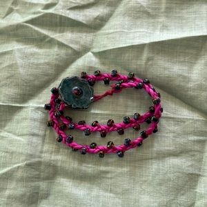 Handmade Wrap bracelet pottery button clasp square beads fuchsia blue